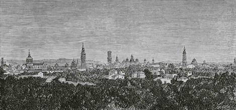 Spain, Aragon. Zaragoza. Panoramic view of the city. Engraving by Sierra. Cronica General de