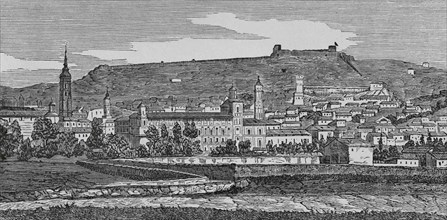 Spain, Aragon, Zaragoza province, Calatayud. Panoramic of the town. Engraving by Sierra. Cronica