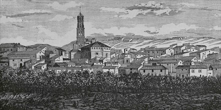Spain, Aragon, Zaragoza province, Ricla. General view of the village. Engraving. Cronica General de