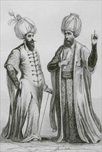 Functionaries of the Ottoman Empire. Janissary Agha (left) top Ottoman military official) and Kadi