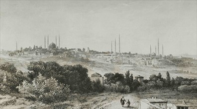 Ottoman Empire. Turkey. Adrianople (today Edirne). Panoramic of the city. Engraving by Lemaitre,
