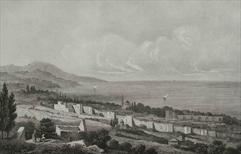 Ottoman Empire era. Turkey. Trabzon. Black Sea coastal city. View. Engraving by Lemaitre, Preaux