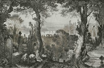 Ottoman Empire. Turkey. Constantinople (today Istanbul). Turkish cemetery. Engraving by Lemaitre, L