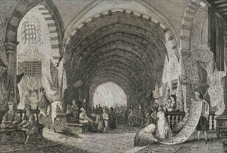 Ottoman Empire. Turkey. Constantinople (today Istanbul). The Bazaar. Engraving by Lemaitre.