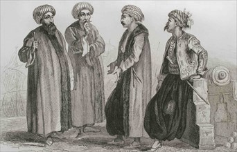 Ottoman Empire. Turkey. From left to right: Vice Admiral, Captain, Navy Officer and Sailor (ca.