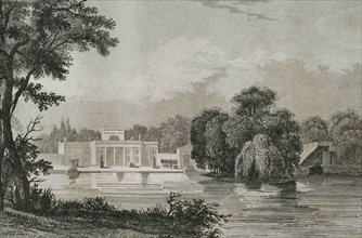 Poland, Warsaw. Royal Baths Park. View of the Palace on the Isle. Engraving by Lemaitre, Vormser