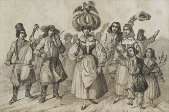 Poland. Harvesters Festival. Engraving by Lemaitre. History of Poland, by Charles Foster. Panorama