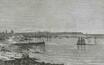 Spain. Panoramic of the Grao of Valencia. Illustration by Caula. Engraving, 19th century. Cronica