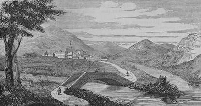 Spain, Castellon province, Forcall. Panoramic of the village. Illustration by Letre. Engraving by