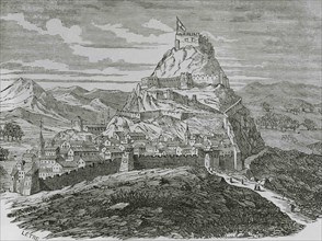 Spain, Castellon province, Morella. Panoramic of te town. Illustration by Letre. Engraving by