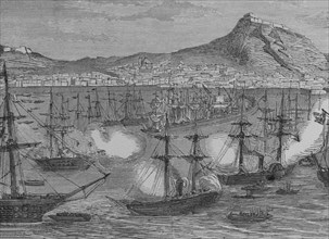 Spain, Alicante. Panoramic of the city and the harbour. Engraving, 19th century. Cronica General de
