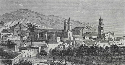 Spain, Alicante province, Orihuela. Panoramic of the town. Illustration by Letre. Engraving by