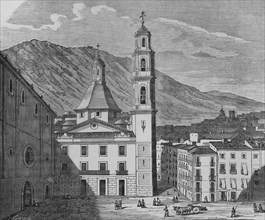 Spain, Alicante province, Alcoy. Saint Augustin Square. Engraving by Sierra, 19th century. Cronica