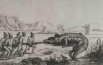 16th century French expedition. Florida. Crocodile hunting. In the expedition Jacques Le Moyne de