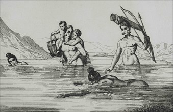 United States of America. 16th century French expedition. Florida. Natives fording a river. Jacques
