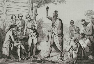 History of the United States of America. Native American council and conquistadors meeting around a