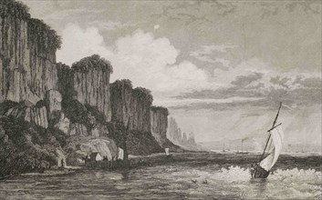 The Palisade Rocks on the Hudson River. West Bank. New York. Raining in the background. Engraving.