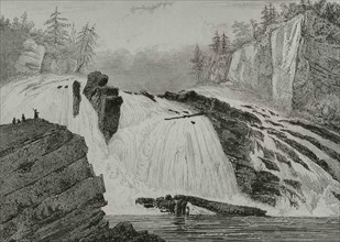 Adley Falls. Hudson river. State of New York. Engraving by Milbert. Panorama Universal. History of