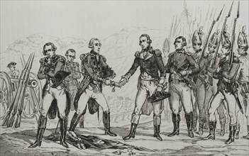 American Revolution. British General John Burgoyne's surrender after the Battlle of Saratoga on 17