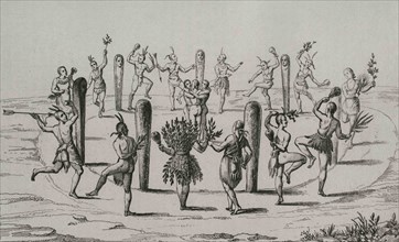 16th century. Native American dance. Virginia. Men and women dancing around "Three of the fayrest