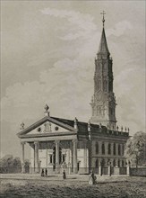New York. St. Paul's Chapel in Manhattan. Built in 1763. Engraving by Arnout. Panorama Universal.