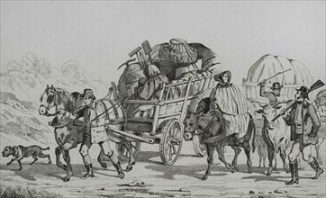 Emigrants on carts heading out West. Engraving by Vernier. Panorama Universal. History of the