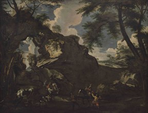 Nordic follower of Salvator Rosa (1615-1673). Landscape with bandits. Oil on canvas. Men on