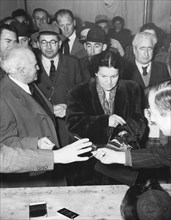 David Ben Gurion and his wife present their identity cards during the lead-up period to the 1949 elections in Israel