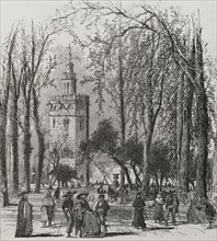 Seville, Andalusia, Spain. Torre del Oro (""Tower of Gold""). Engraving by Harley. ""Glorias