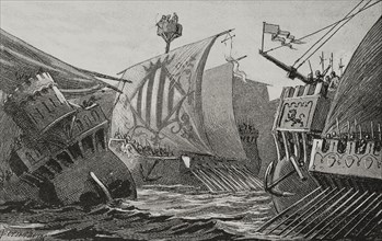 Middle Ages. Mediterranean trade control. Naval combat between Catalans and Genoese. Engraving by