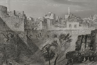 Jerusalem. View from St Stephen's Gate, traditionally known as the Pool of Bethesda. Engraving by