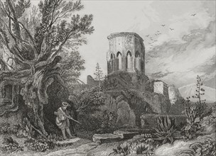 Samaria. Ruins of the city in the mountainous region of ancient Canaan. Engraving by Aubert. ""La