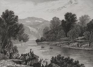 Banks of the Jordan River. Engraving by Aubert. ""La Tierra Santa y los lugares recorridos por los