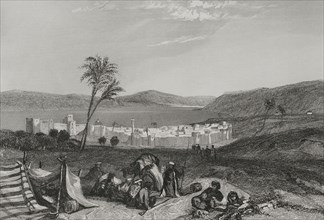 Tiberias and the Sea of Galilee. Engraving by Emile Rouargue. ""La Tierra Santa y los lugares