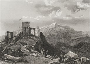 Summit of Mount Sinai. Ruins of a temple. Engraving by Emile Rouargue. ""La Tierra Santa y los