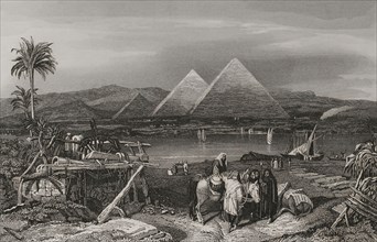 Egypt. Pyramids from the banks of the Nile. Site were the ancient city of Memphis stood. Engraving