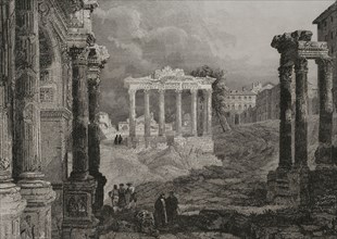 Roman Forum. Engraving by Leonce Lhuillier. ""La Tierra Santa y los lugares recorridos por los