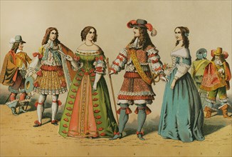 History of France (1600-1670). From left to right: musketeer, Philippe of Orleans, Queen consort