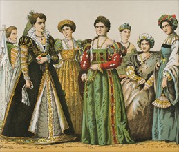 History of Italy. 1500-1600. Madam's dresses. Chromolithography. ""Historia Universal"", by Cesar