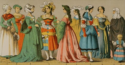 History of Germany. 1500-1550. Women's dresses from different social classes. Chromolithography.