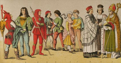 History of Germany. Middle Ages. 1450-1500. From left to right, 1: jester, 2: knight, 3: bailiff,