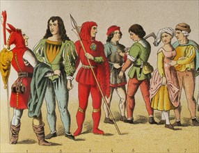 History of Germany. Middle Ages. 1450-1500. From left to right, 1: jester, 2: knight, 3: bailiff,