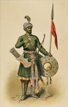 15th-century Hindu warrior. Chromolithography. ""Historia Universal"", by Cesar Cantu. Volume IX,