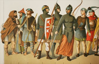 Normans, 1000-1100. From left to right, 1: shepherd, 2: nobleman, 3: pilgrim, 4-5-6-7-8: warriors.