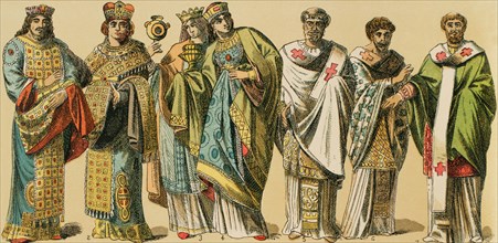 Byzantines, 1000-1200. From left to right, 1: regal gown, 2: women's regal gown, 3: women's regal