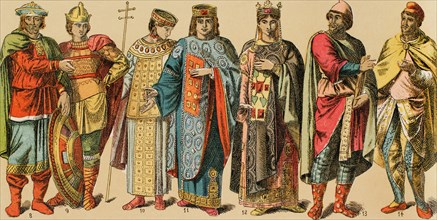 Byzantines, 1000-1200. From left to right: 8-9: warriors, 10: regal gown, 11: empress, 12: women's