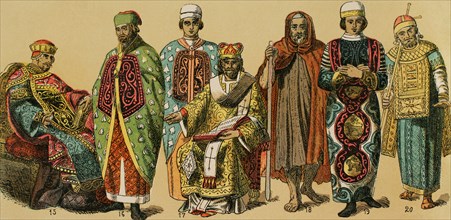 Byzantines, 1000-1200. From left to right, 15: emperor, 16: court assistant, 17: prelate's costume,