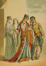 History of Turkey. Middle Ages. Sultana and princess with their slaves. Chromolithography.