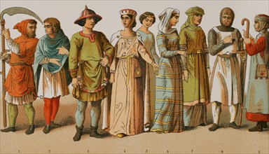 History of France, 1100. From left to right, 1-2: ploughmen, 3: nobleman, 4-5-6-7: noble ladies, 8: