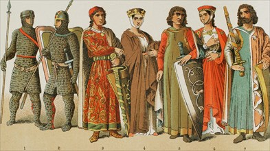 Holy Roman Empire, 1000-1100. From left to right, 1-2: warriors, 3-4-5-6-7: prince, princess and